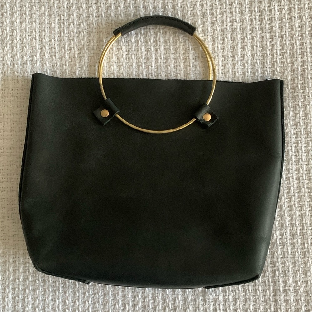 Vintage Black Genuine Leather Circle Brass Handle Purse Hand Bag Tribe Alive